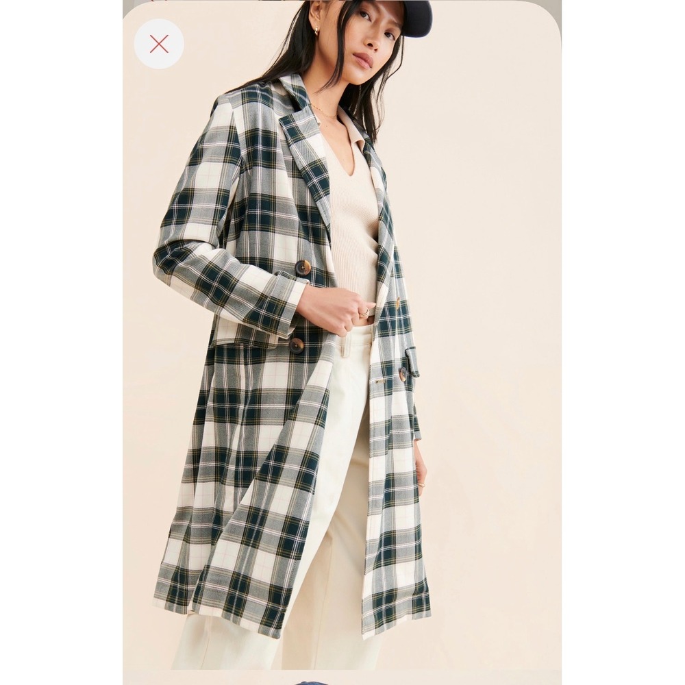 Free People Freddie Longline Blazer Green Plaid Double Breasted Jacket Small